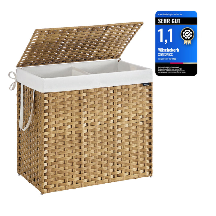SONGMICS Wäschekorb 2 Fächern, Wäschesammler 160 L, Wäschebox aus synthetischem Rattan, mit Deckel u