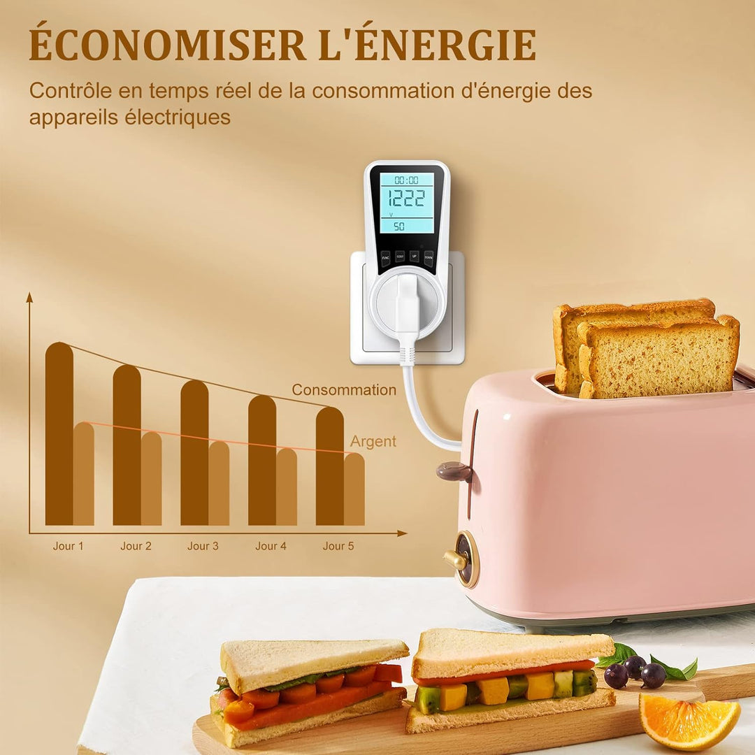 Wattmeter Stromzähler, Energieverbrauch mit 7 Überwachungsmodi, LCD-Display mit Hintergrundbeleuchtu