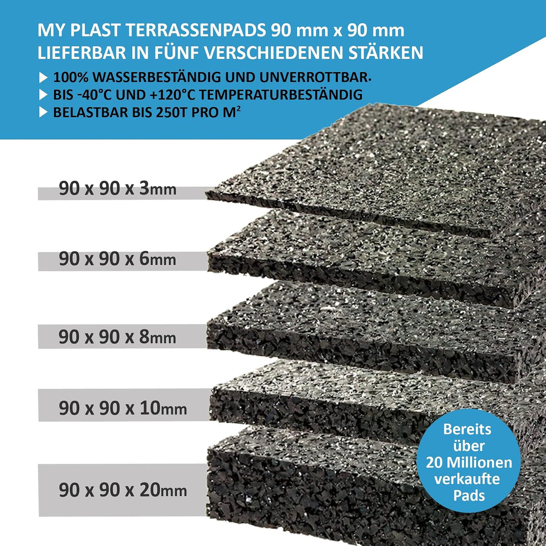 My Plast I 90 x 90 x 3 mm - 100 Stück I Terrassen-Pads – wasserbeständige Gummimatten für Terrassen-