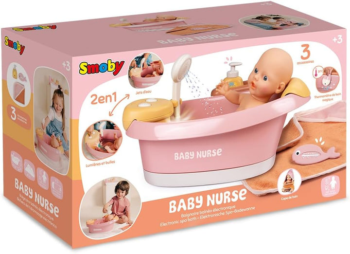 Smoby – Baby Nurse Puppen-Badewanne – Elektronisches Spielmodul mit Wasserstrahlen, LED-Licht, Blase