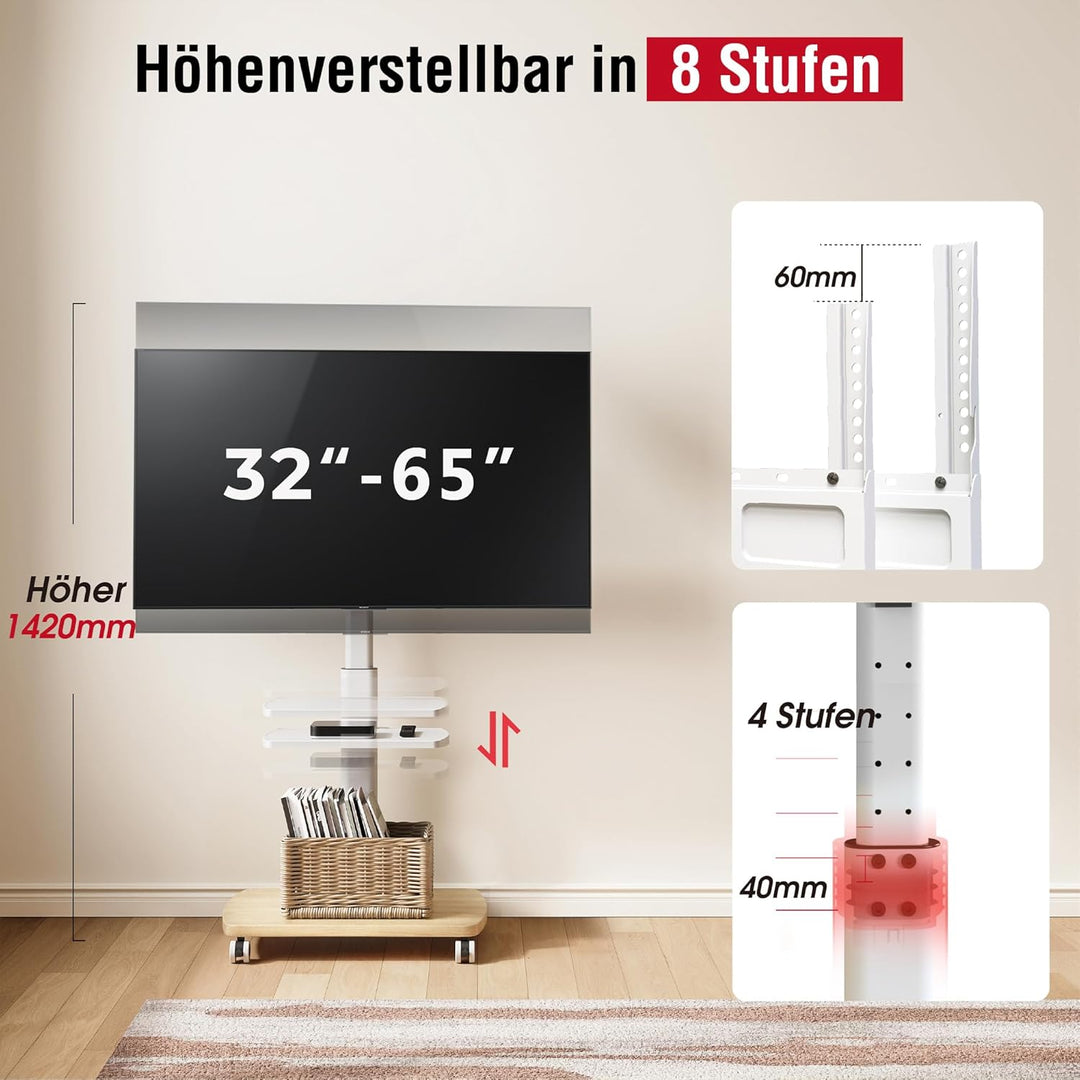 AOKCOS TV Ständer Rollbar mit Holzablage 2 Regal, Fernsehständer auf Rollen für 32-65 Zoll TV, TV Bo