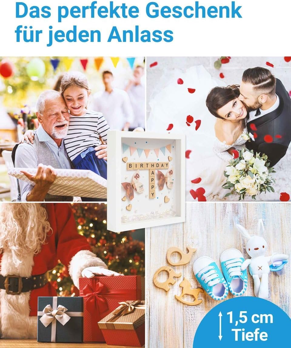 PHOTOLINI 3D Bilderrahmen zum Befüllen 30x40 Schwarz gross, 1,5 cm tiefer Objektrahmen mit Glas, tie