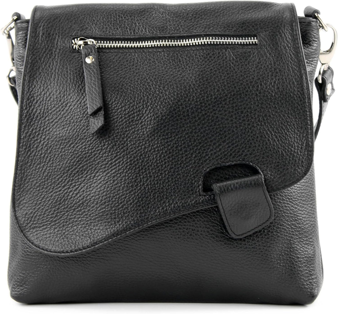 modamoda de - T146 - ital. Umhängetasche Schultertasche aus Leder Schwarz2021, Schwarz2021