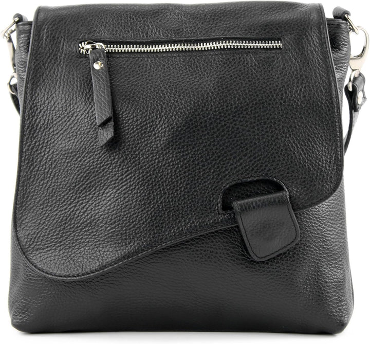 modamoda de - T146 - ital. Umhängetasche Schultertasche aus Leder Schwarz2021, Schwarz2021