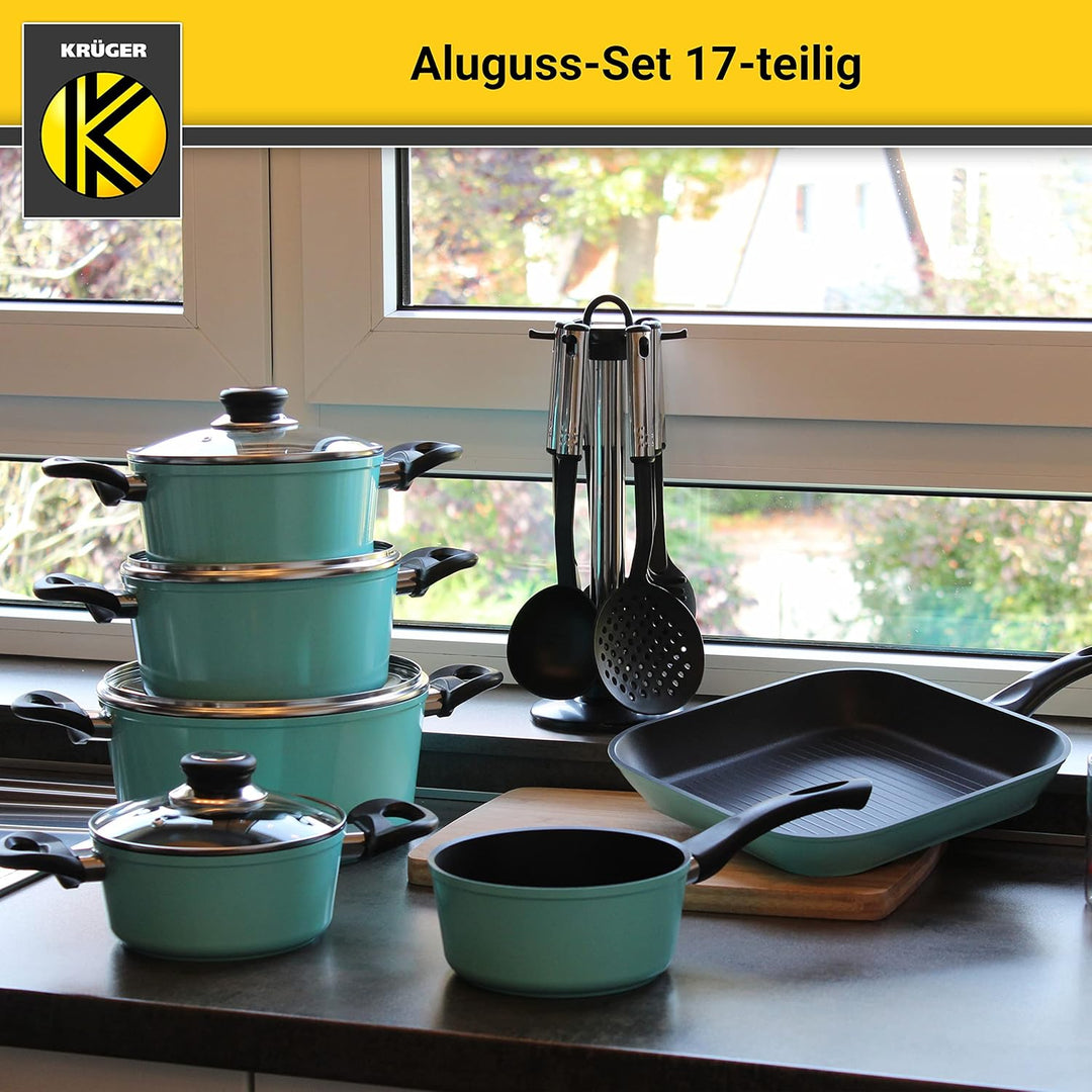 Krüger Aluguss-Set 17-teilig - antihaft-versiegeltes Topf- und Pfannenset mit Küchenhelfer - hohe Hi