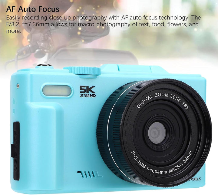 5K Digitalkamera mit 64-GB-Speicherkarte, 75MP 18X Vlog-Kamera, 3 Zoll 180 Grad Klappbildschirm, 52