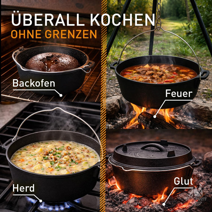 Dutch Oven 3,5L mit Füssen – Gusseiserner Topf für Outdoor Küche, Glut, Feuerstelle, BBQ – Schmortop