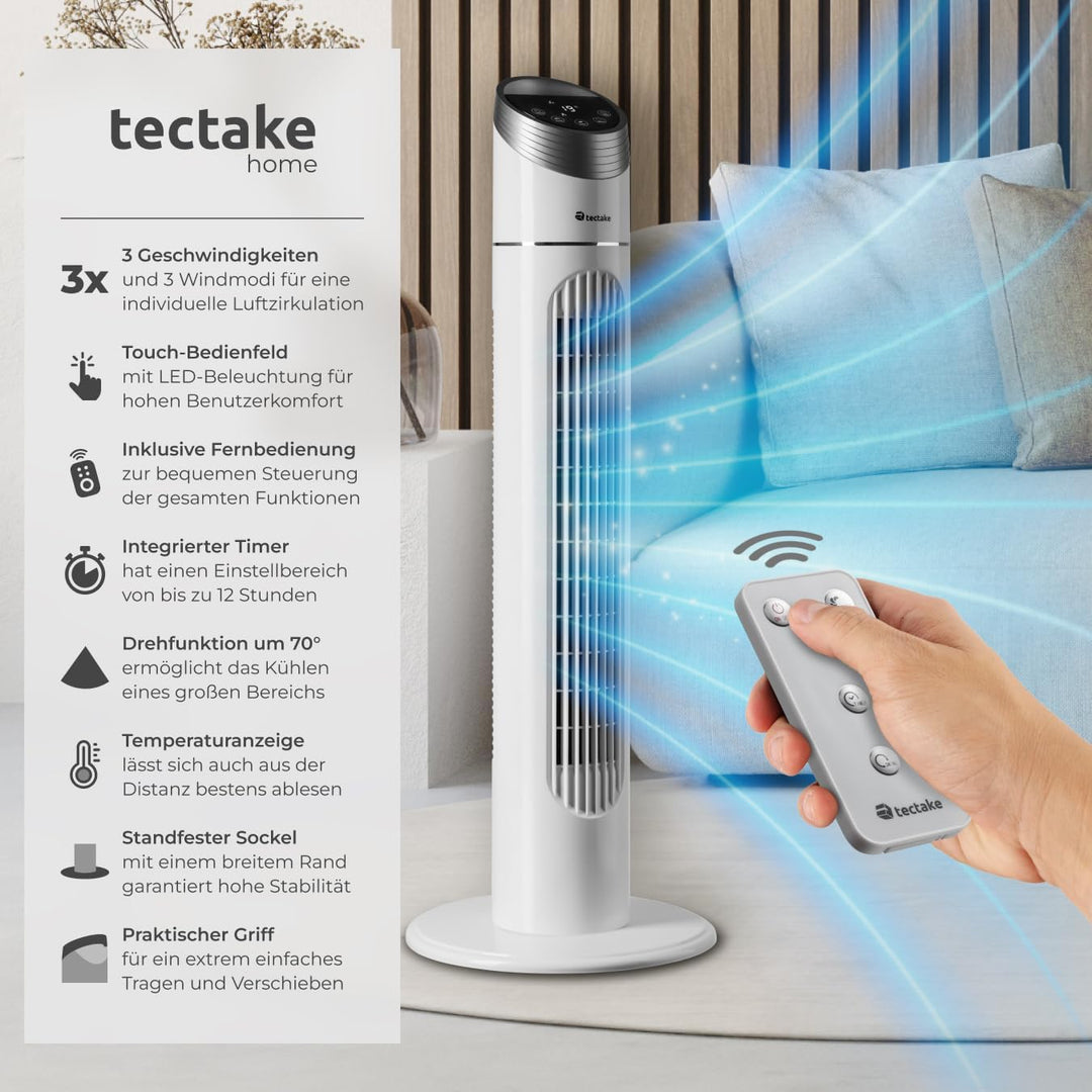 tectake 403922 Turmventilator mit Fernbedienung, 70 Grad Oszillation, 90 cm Höhe, leise, Säulenventi