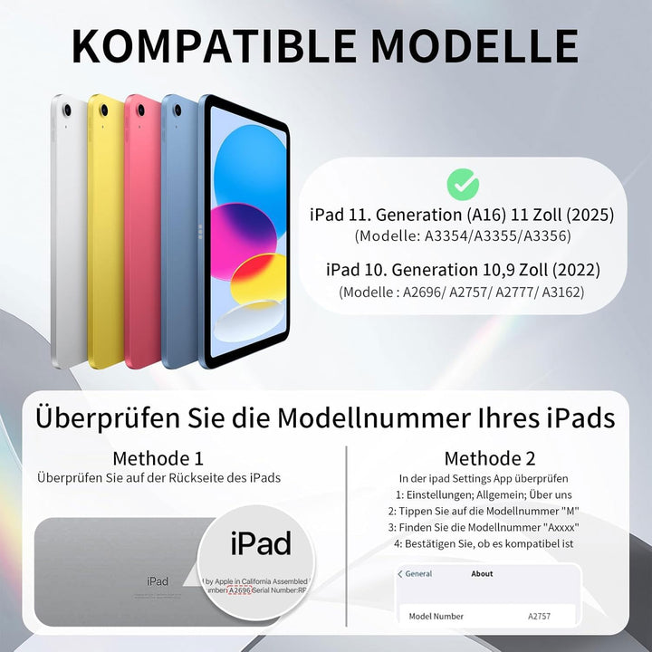 Hülle mit Tastatur für iPad A16 11/10 Generation (2025/2022, 11/10.9 Zoll) mit Stifthalter, Magnetis