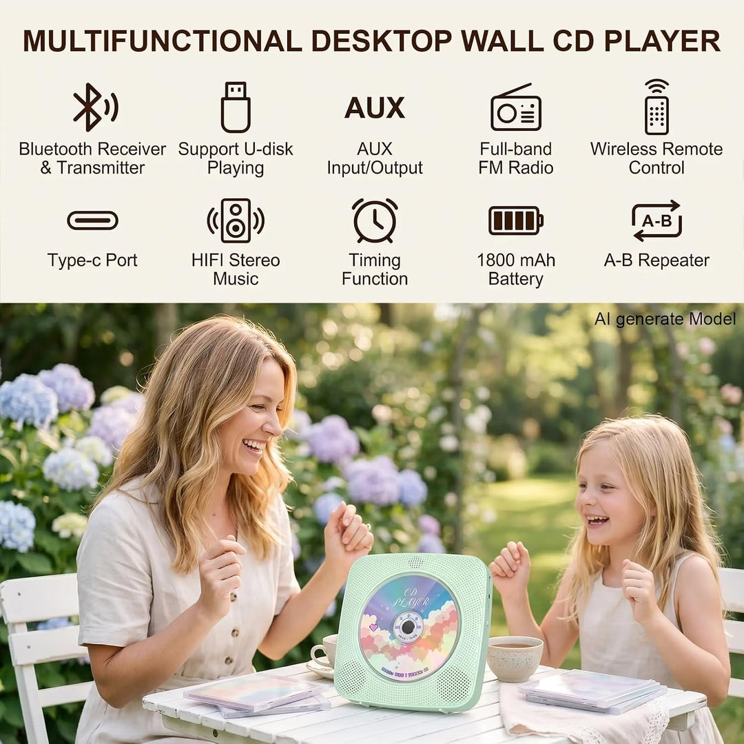 Gueray Desktop CD Player Bluetooth CD-Spieler mit Lautsprechern für Zuhause 1800mAh Tragbarer CD-Pla