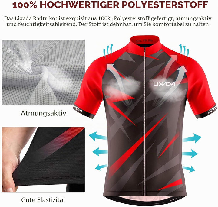 Lixada Fahrradtrikot Herren Kurzarm Atmungsaktiv Kurzarm Fahrradtrikot Radsport Outdoor Sport, Rot M