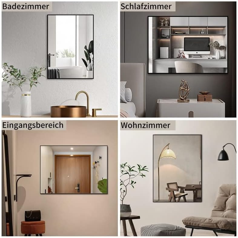 Spiegel Schwarz 50x70cm Wandspiegel Rechteckig mit Metall Rahmen Dekorative Spiegel für Badezimmer W