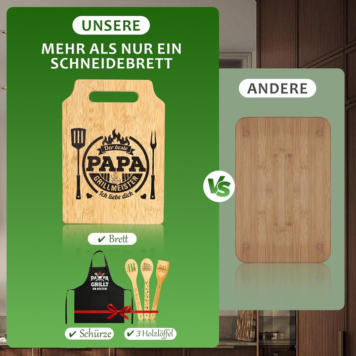 Papa Geschenk Set - Graviertes Bambus Schneidebrett Mit Personalisiertes Schürze und 3 Holzlöffel, B