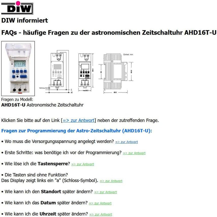 DIW-ASTRO1 Astrotimer AHD16T-U Astronomische Digitalschaltuhr 8 Tages-/Wochen-Programme, Astrofunkti