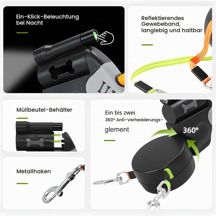 Einziehbare Hundeleine, Hundeleine Rollleinen, 3 Meter Hundeleine Doppelleine, Doppel Einziehbare Hu