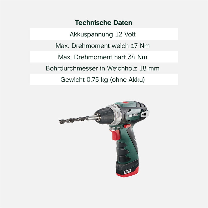Metabo 600080500 Akku-Bohrschrauber klein PowerMaxx BS Basic 10,8V, 2x 2Ah Li-Ion Akkus, inklu. Lade