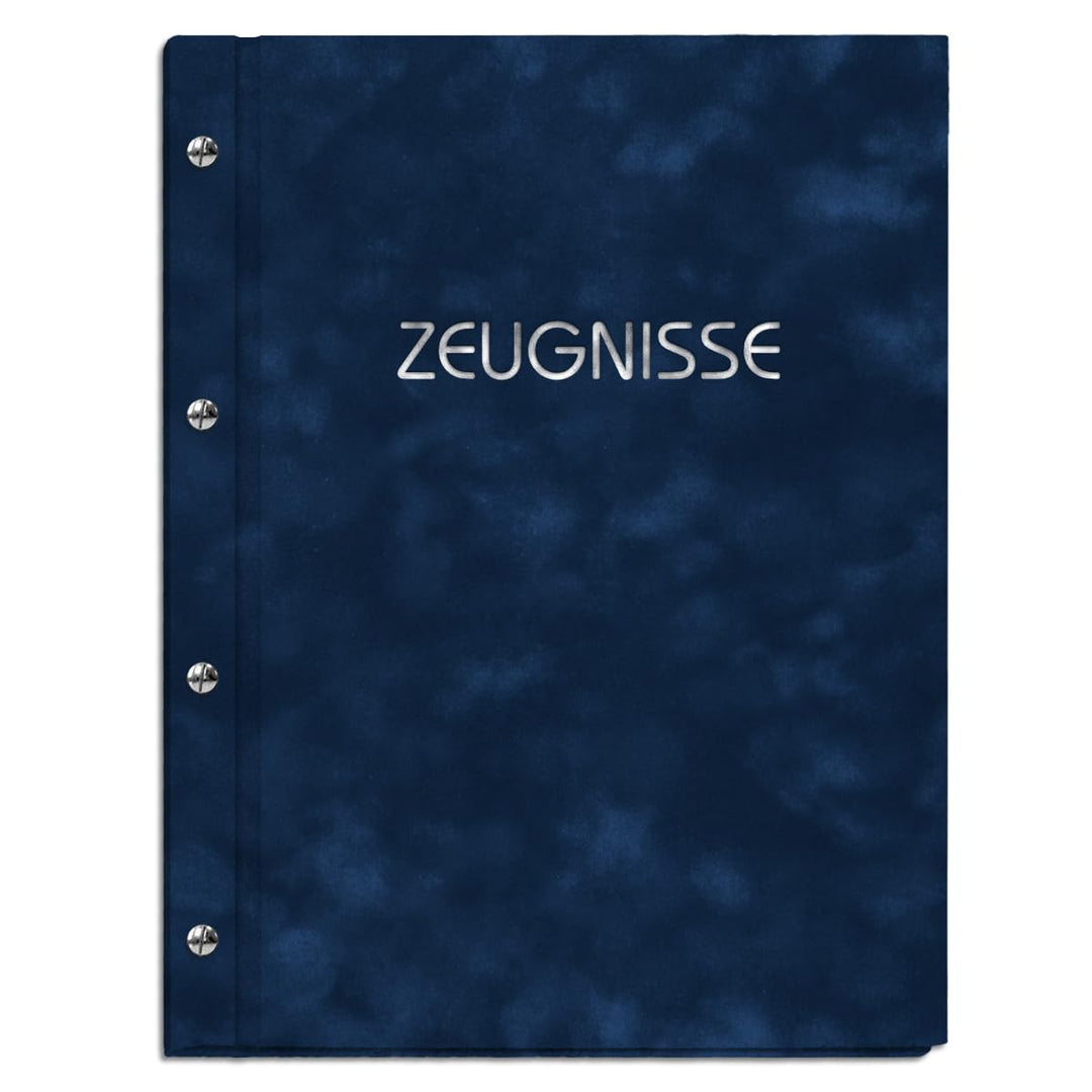 Zeugnismappe im blauen Samteinband mit hochwertigem Prägedruck in verschiedenen Farben – handgeferti