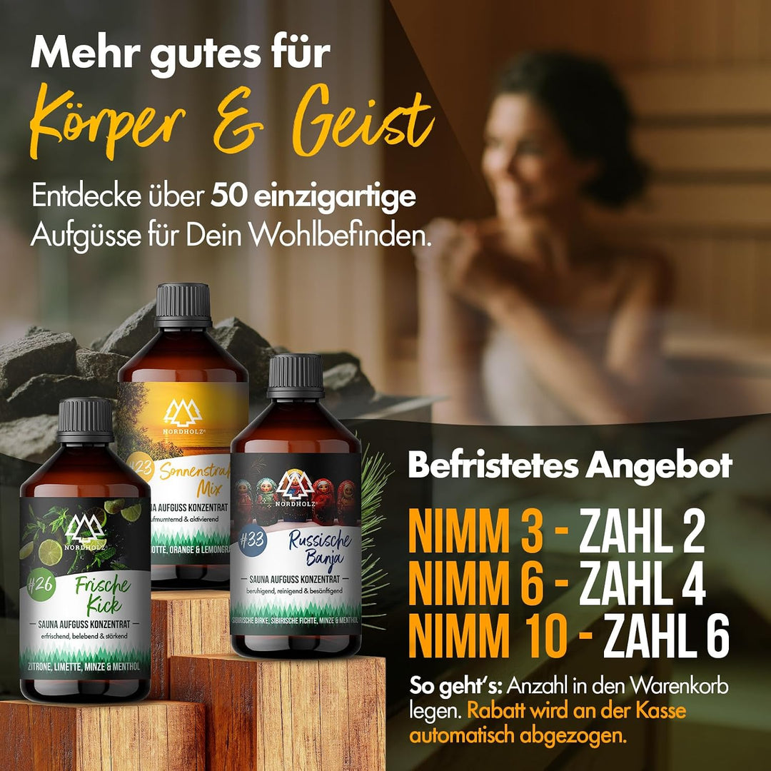 NORDHOLZ® Saunaaufguss [54 Sorten 15ml, 100ml, 250ml] - Sauna Aufgussmittel für intensive &amp; erholsam