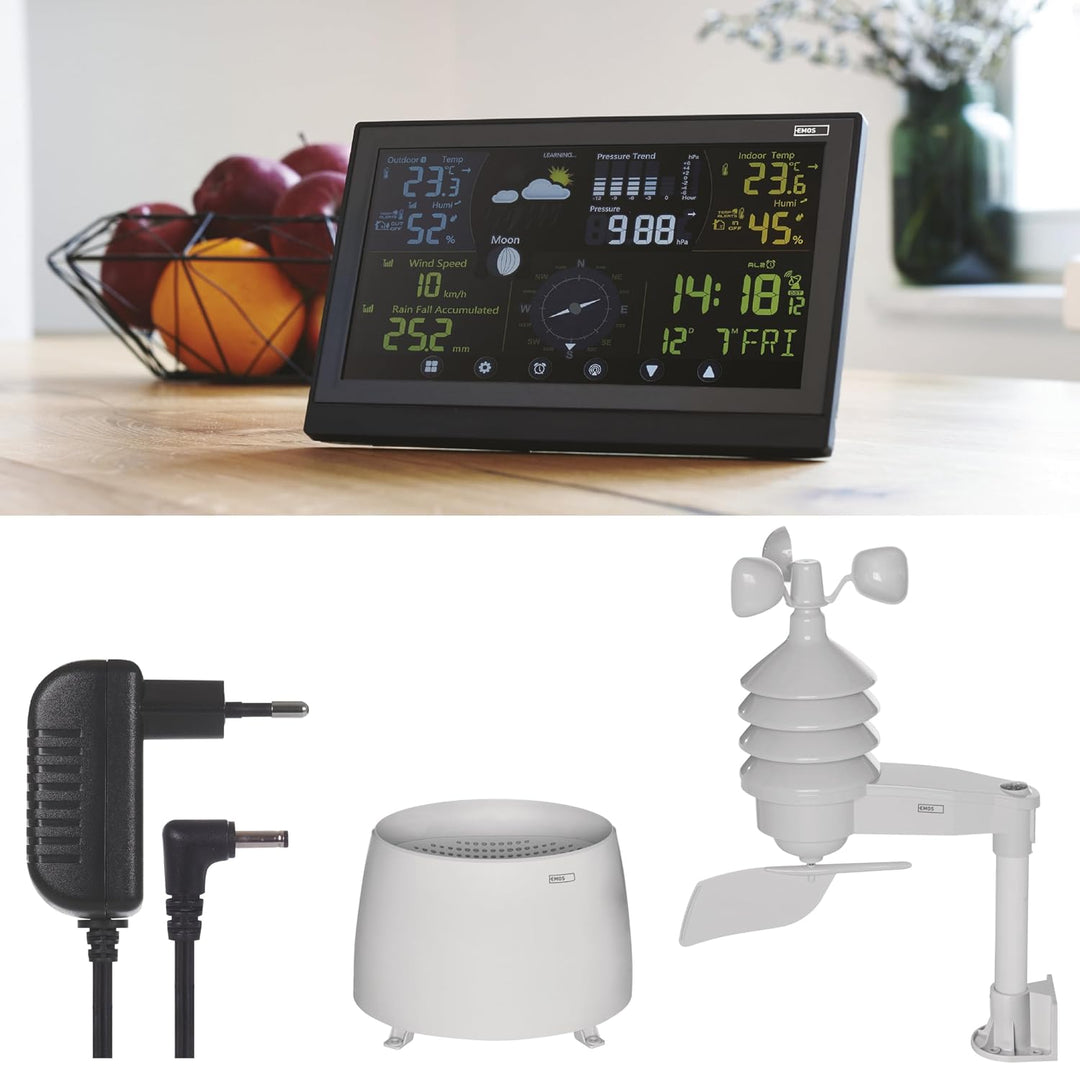 EMOS Profi Wetterstation Funk mit Aussensensor und Touchscreen-Farbdisplay, Windmesser, Regenmesser,
