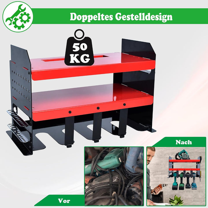 SUBTLETY Werkzeugspeicher für 4 Elektrowerkzeug Werkstatt Organizer 2 Ebenen Werkzeughalter für Akku