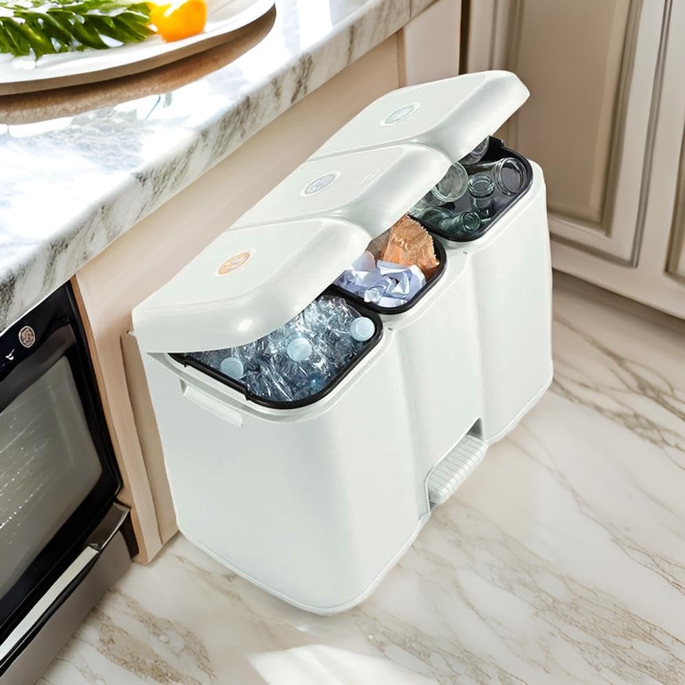 Buystar Mülleimer für Mülltrennung, weiss, 13 + 8 + 13 Liter, einzigartige Struktur mit Pedal und he