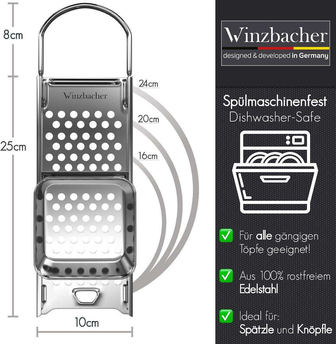 Winzbacher Edelstahl Spätzlehobel mit Teigschlitten [Topf Ø von 16-30cm] Spülmaschinenfest | Rostfre