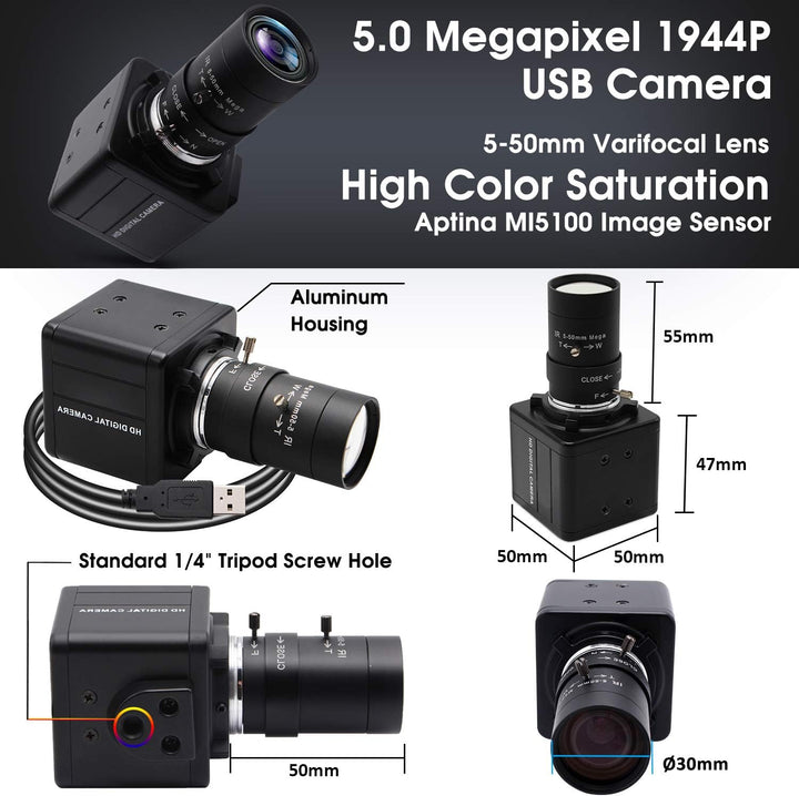 Svpro 5MP USB Kamera mit Zoomobjektiv 5-50mm,10X optischer Zoom Webcam Manueller Fokus mit Aptina MI