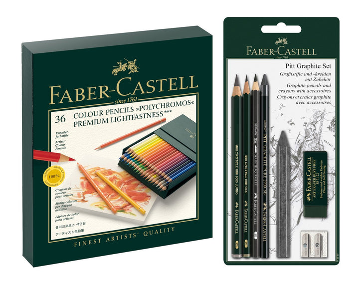 Faber-Castell 110092 - Farbstifte Polychromos 36er Atelierbox und Pitt Graphite Zeichenset Polychrom