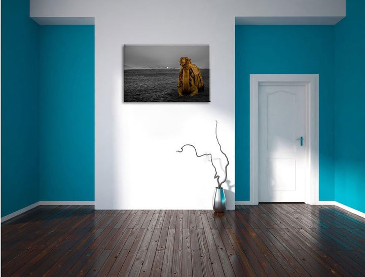 Pixxprint Kamel in Wüste bei Sonnenaufgang als Leinwandbild/Grösse: 100x70 cm/Wandbild/Kunstdruck/fe