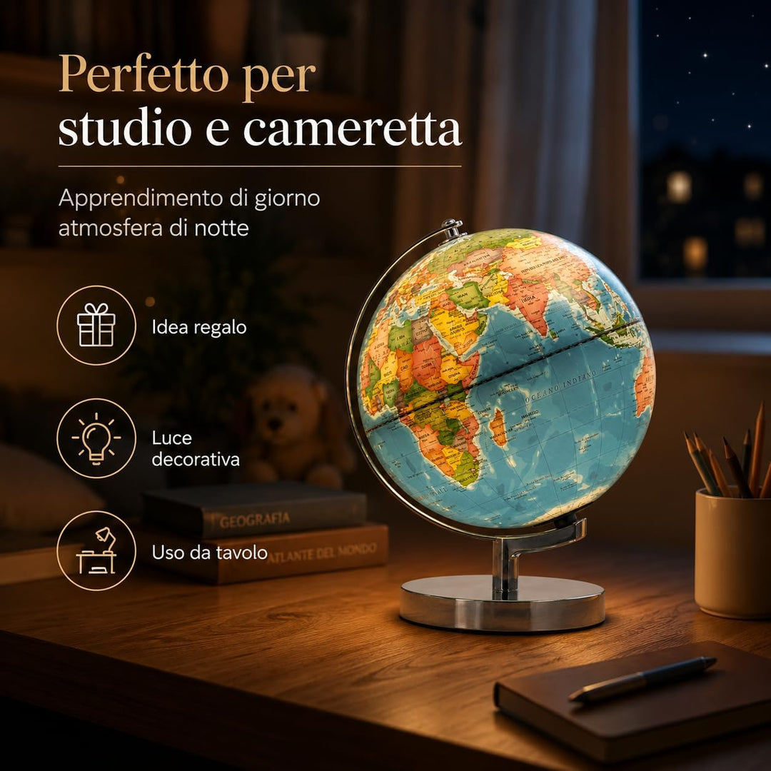 EXERZ 23cm Leuchtglobus Metallsockel - Italienische Karte - Schülerglobus Mit Kabelfreier LED-Beleuc