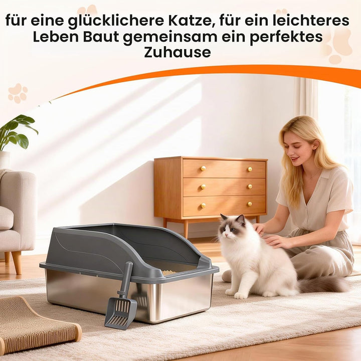 Edelstahl Katzentoilette XL, Schrägwand, Kratzfest, geruchsfrei | Porenfrei–keine Gerüche,Luftzirkul