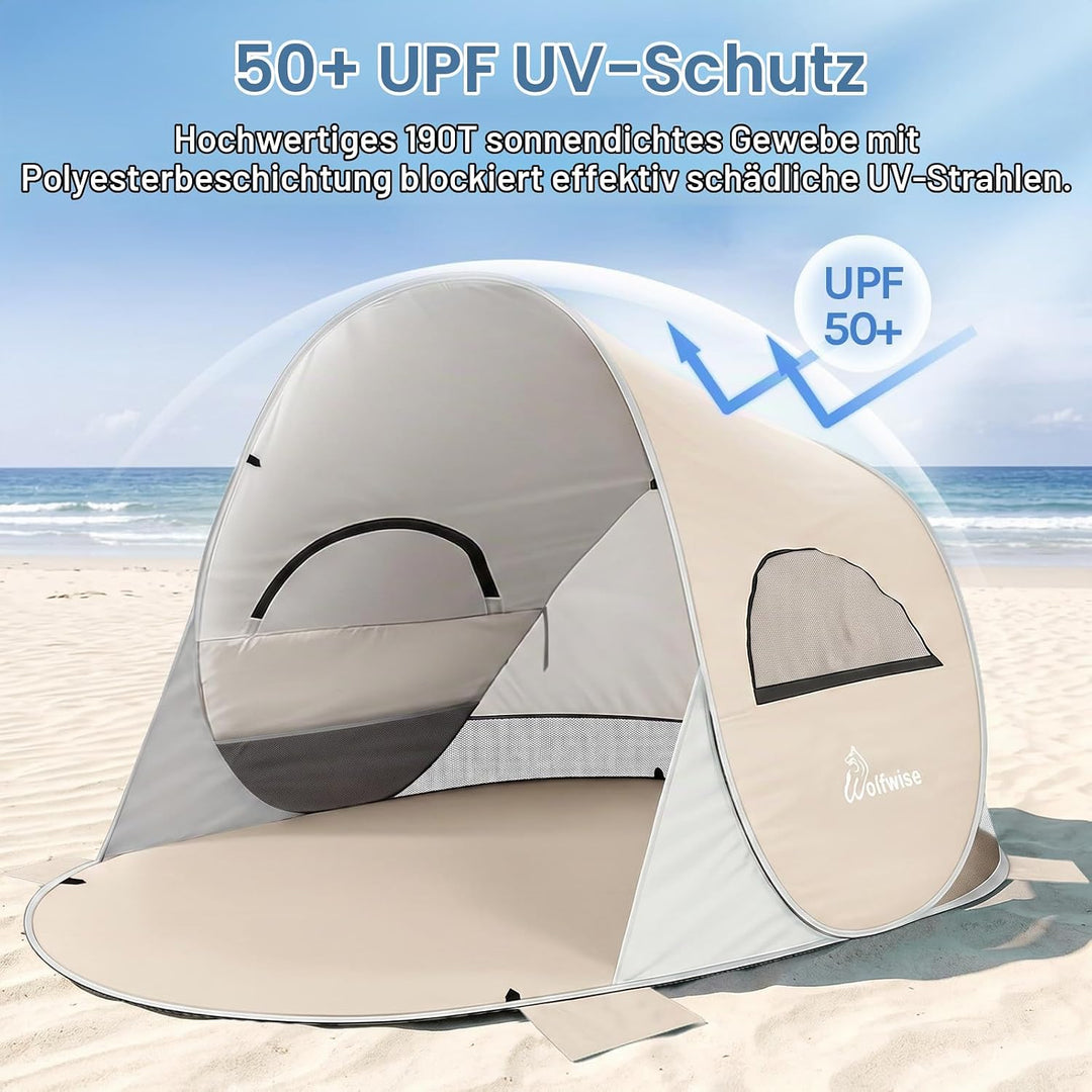 Wolfwise Pop Up Strandmuschel für 4 Personen, Sofort Aufbau, UV-Schutz 50+, Wasserabweisend, Belüfte