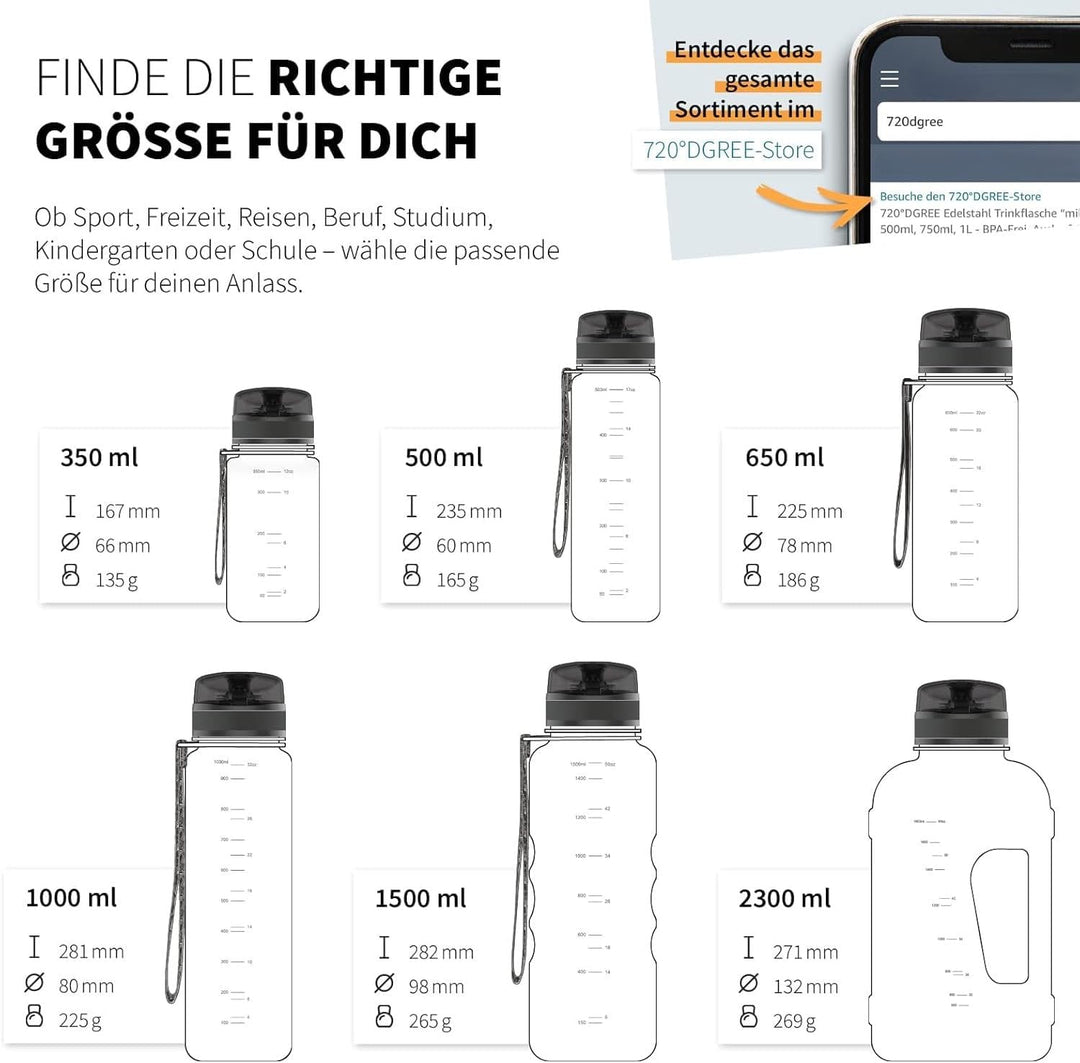 720°DGREE Trinkflasche 1l mit Motivationsskala “uberBottle“ +Sieb - BPA-Frei - Wasserflasche für Uni