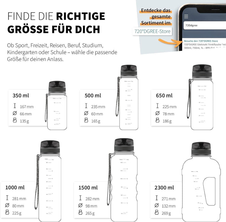 720°DGREE Trinkflasche 1l mit Motivationsskala “uberBottle“ +Sieb - BPA-Frei - Wasserflasche für Uni