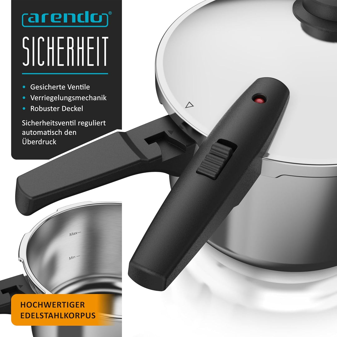 Arendo - Schnellkochtopf Induktion 6l Edelstahl - 3in1 – 6 Liter Fassungsvermögen – induktionsgeeign