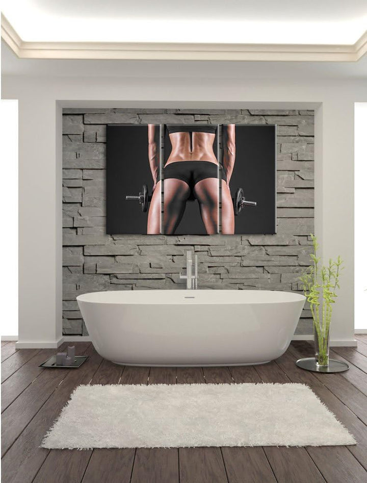 Pixxprint Sexy Frau mit Hanteln B&amp;W Detail als Leinwandbild/Grösse: 3 Teilig (120x80 cm) cm/Wandbild