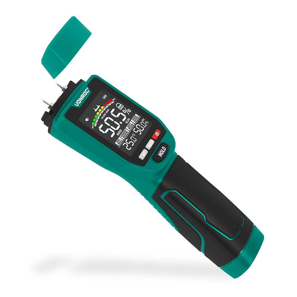 VONROC PRO Feuchtigkeitsmessgerät – Doppelmessung: Mit oder ohne Messstifte (Sensor) | Multicolor-LC