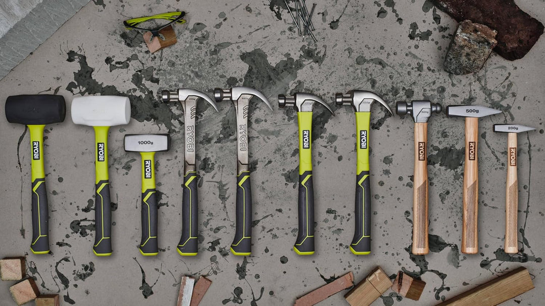 RYOBI Gummihammer mit Griff aus Hickory-Holz, schwarz, 450 Gramm RHHM450 Schlägel 450 g, Schl&amp;