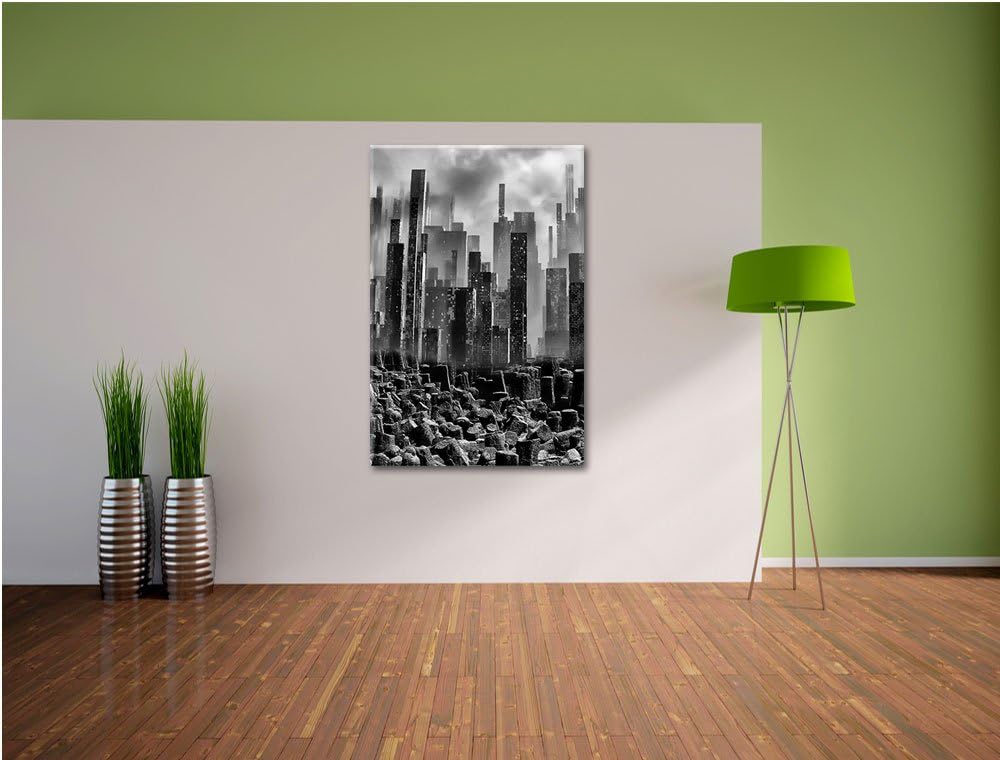 Pixxprint Stadt in Trümmern / 100x70cm Leinwandbild bespannt auf Holzrahmen/Wandbild Kunstdruck Deko