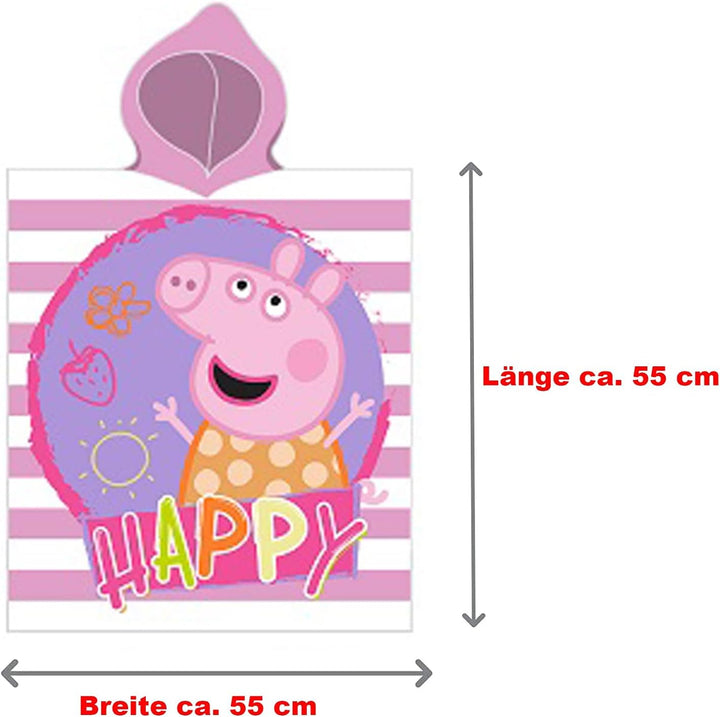Peppa Wutz Pig Kinder Kapuzen Bade-Poncho Happy 55x110 cm 100% Baumwolle Veloursqualität Poncho Bade