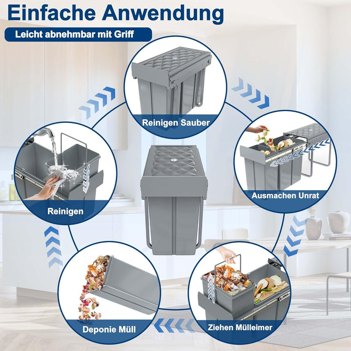 YUENFONG Einbaumülleimer 2 Fächer 20+10 Liter, Unterschrank Abfallsammler Mülleimer mit Teleskopschi
