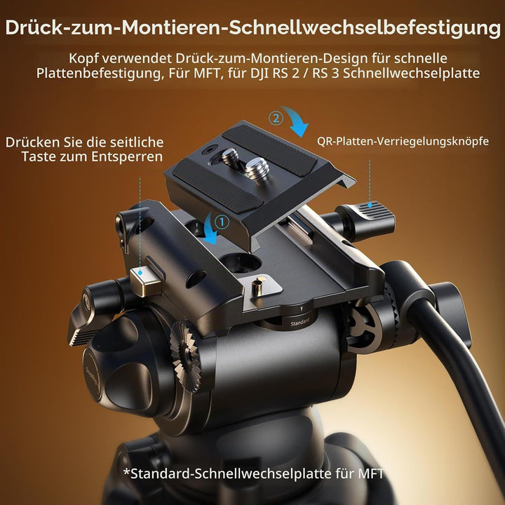 SMALLRIG AD-01S Videostativ, 74" Hochleistungsstativ mit Schwenk- und Neige-Fluidkopf, Dual-Mode-Sch