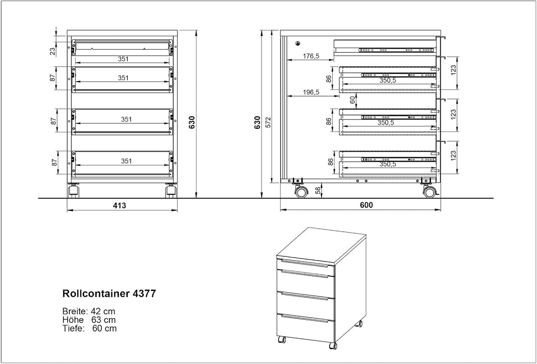 Germania Rollcontainer 4377-83, in Schwarz, mit Utensilienfach, 42 x 63 x 60 cm (BxHxT), Schwarz