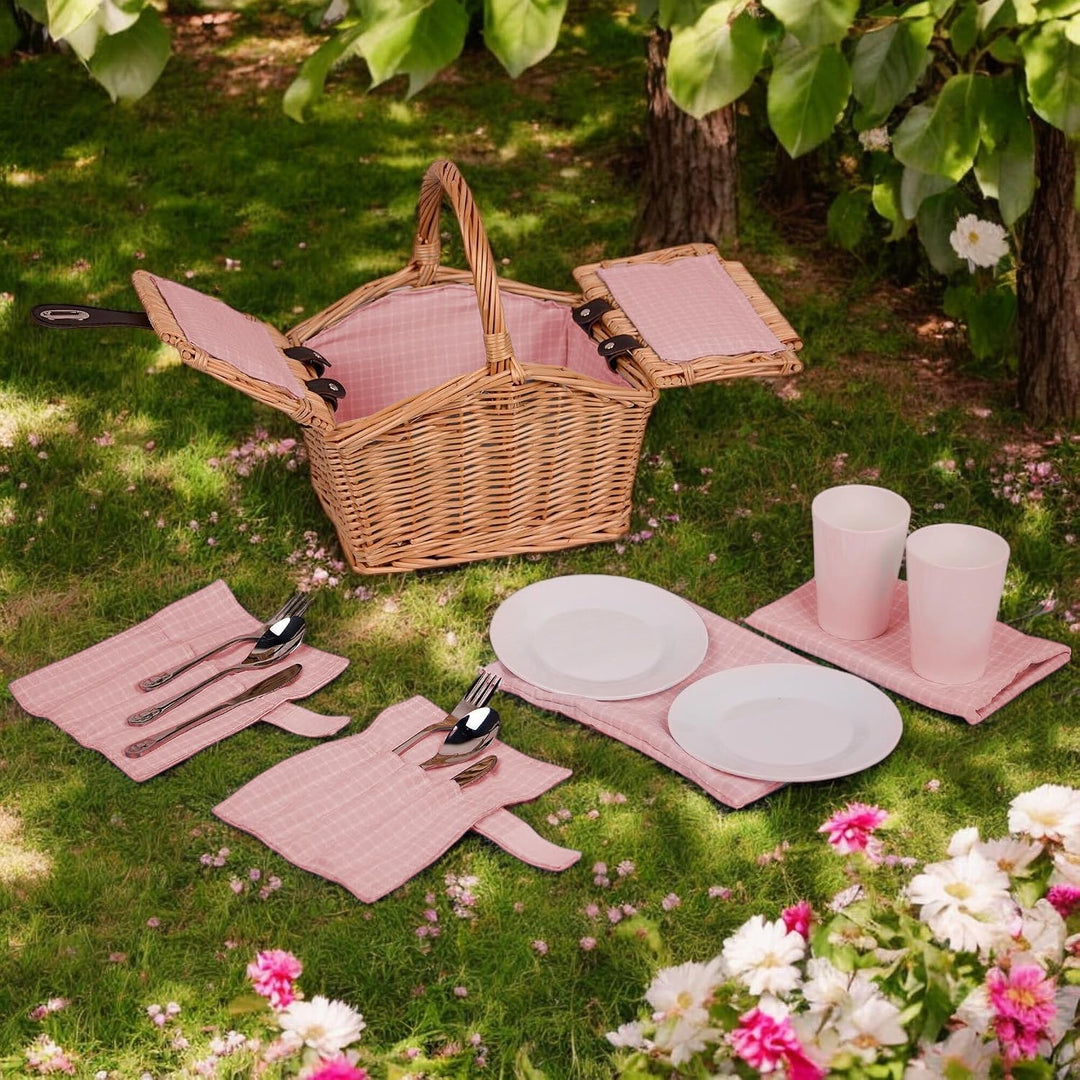 UNUS® Picknickkorb für Kinder rechteckig aus Weide mit Stoffauskleidung, Komplettset für 2 Personen