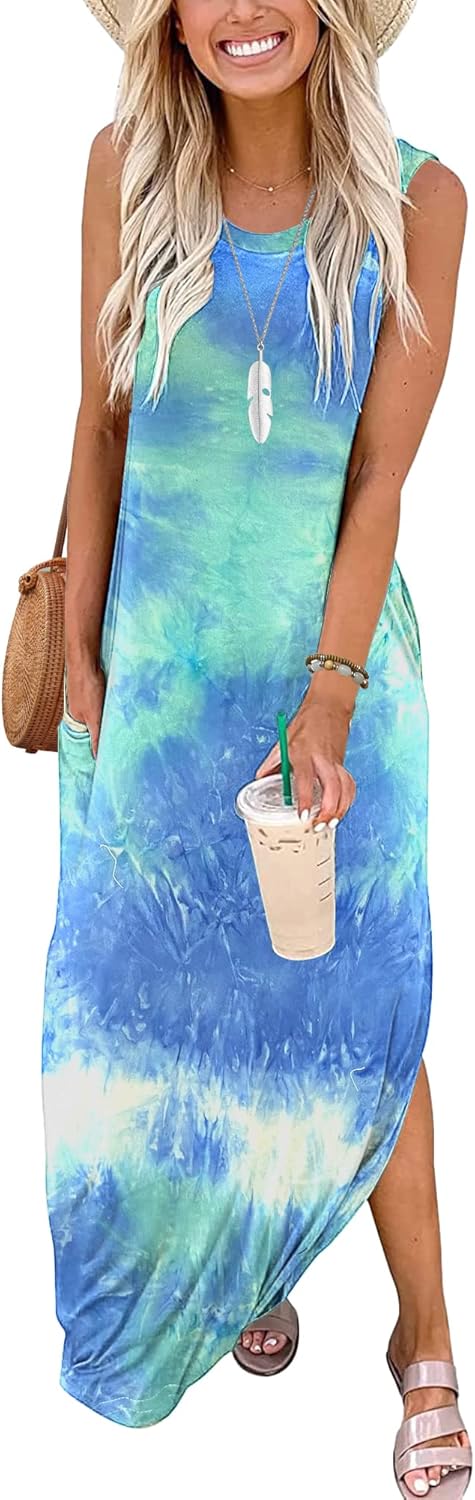 AUSELILY Maxikleider Damen Sommer Ärmellos Strandkleid Lang Sommer-Kleider M Gefärbt Blau Grün Weiss