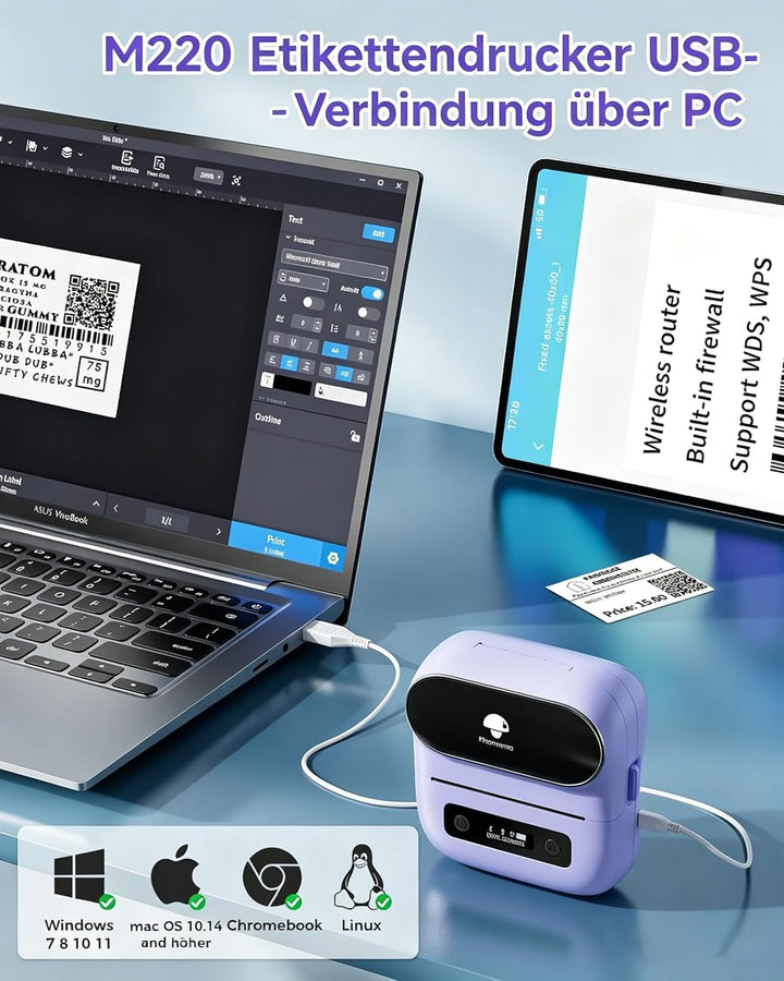 Phomemo M220 Etikettendrucker, Bluetooth Thermo Etikettendrucker für Barcode, Adresse, Haus, Versand