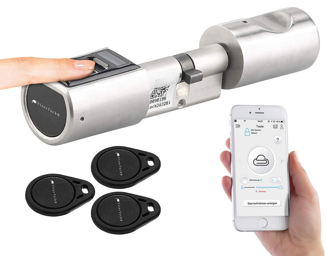 VisorTech Fingerabdruck Schloss: Elektronischer Tür-Schliesszylinder, Fingerabdruck, Transponder, IP