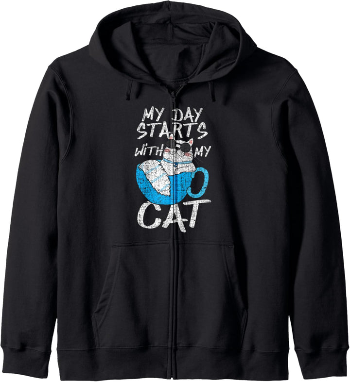 Cat Lady Gifts My Day Starts With My Cat Grunge Pet Owner Kapuzenjacke