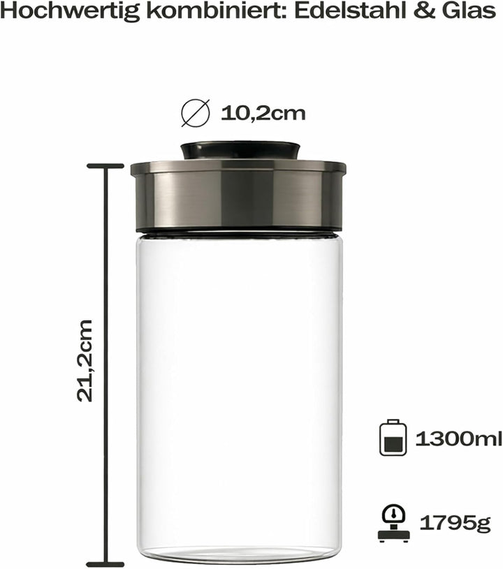 BURI Vakuumglas 6er Set 1300ml | Vorratsdosen Glas mit Edelstahl Deckel &amp; Vakuum Klick-Mechanismus |