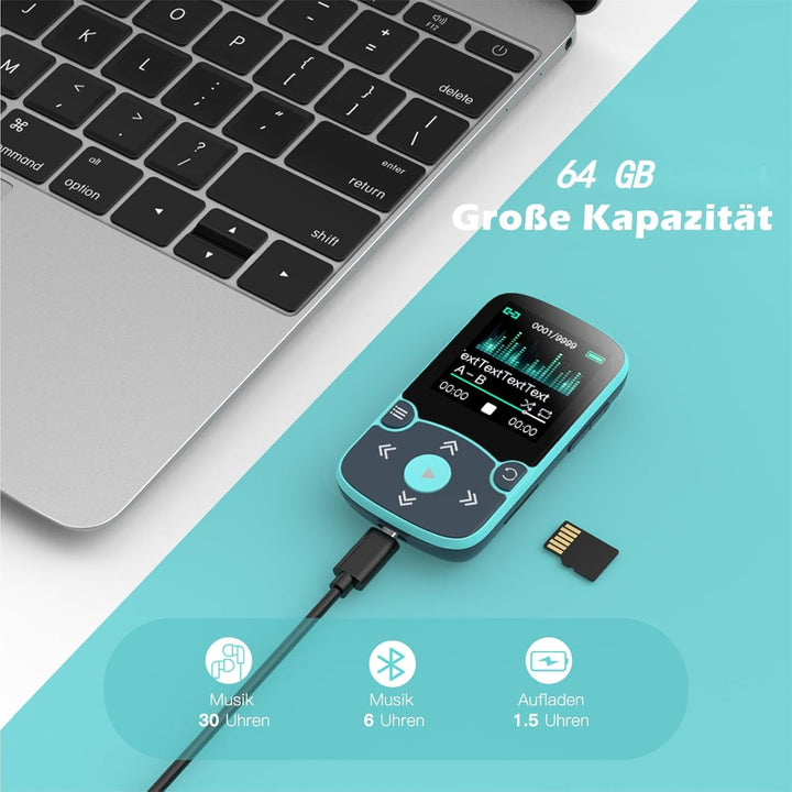 AGPTEK MP3 Player &amp; Schutzhülle Bluetooth 5.3 Sport 64GB mit 1,5 Zoll TFT Farbbildschirm, Mini Musik